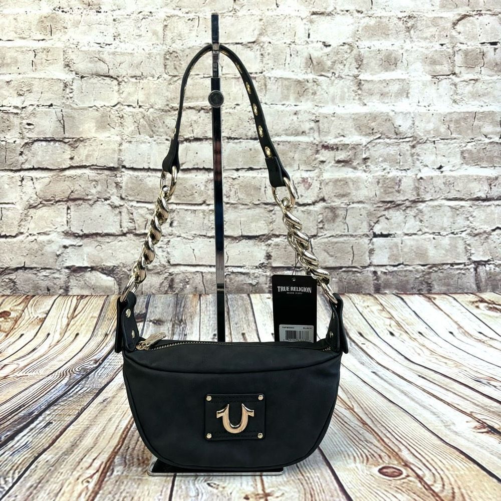 True Religion Suede Chain Hobo Bag Small Black Gold Zip NWT Shoulder